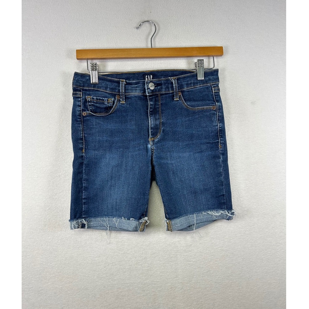 GAP Denim Biker Shorts Mid Rise Frayed Hem Blue‎ Women Size 27 Regular